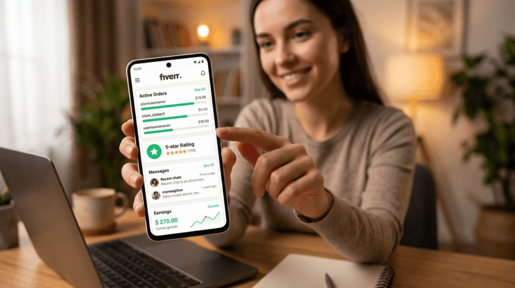 Fiverr freelance dashboard showing completed orders and beginner success in AI freelancing 2026
