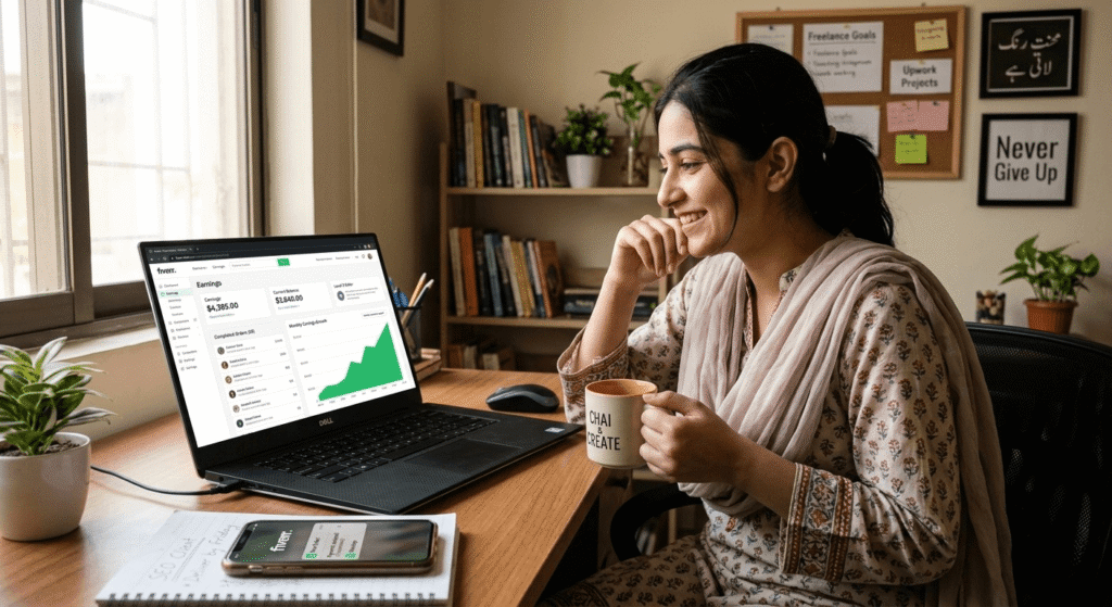 Freelancer in Pakistan checking Fiverr earnings dashboard showing first $100 online income success