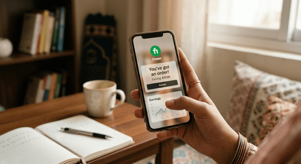 Fiverr earnings notification on smartphone showing first online income milestone for beginner freelancer in Pakistan using AI tools