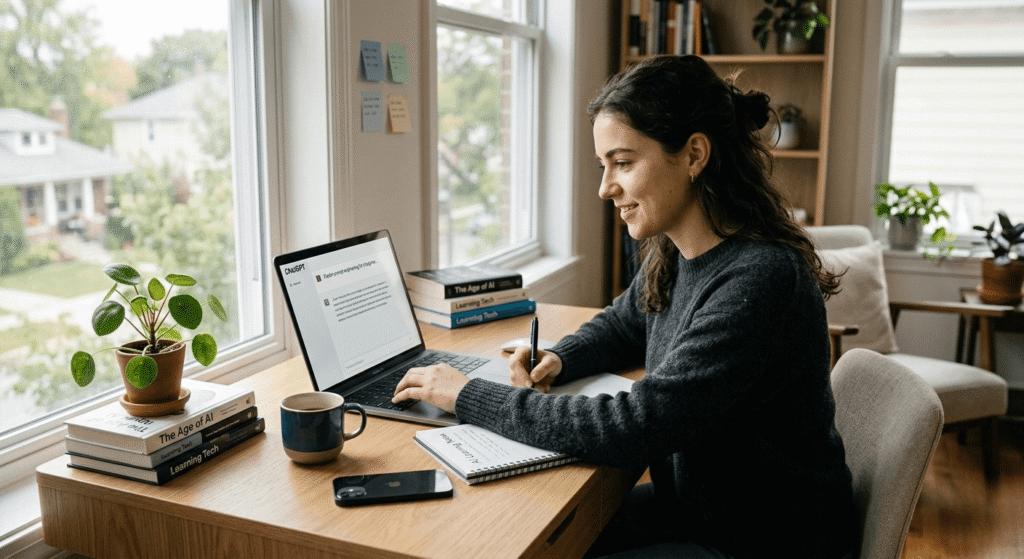 Beginner using free AI tools on laptop in a modern workspace, learning ChatGPT and AI productivity tools for daily tasks in 2026