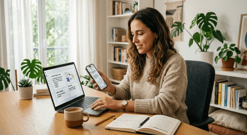 beginner freelancer using free AI tools to earn money online 2026 at home office setup