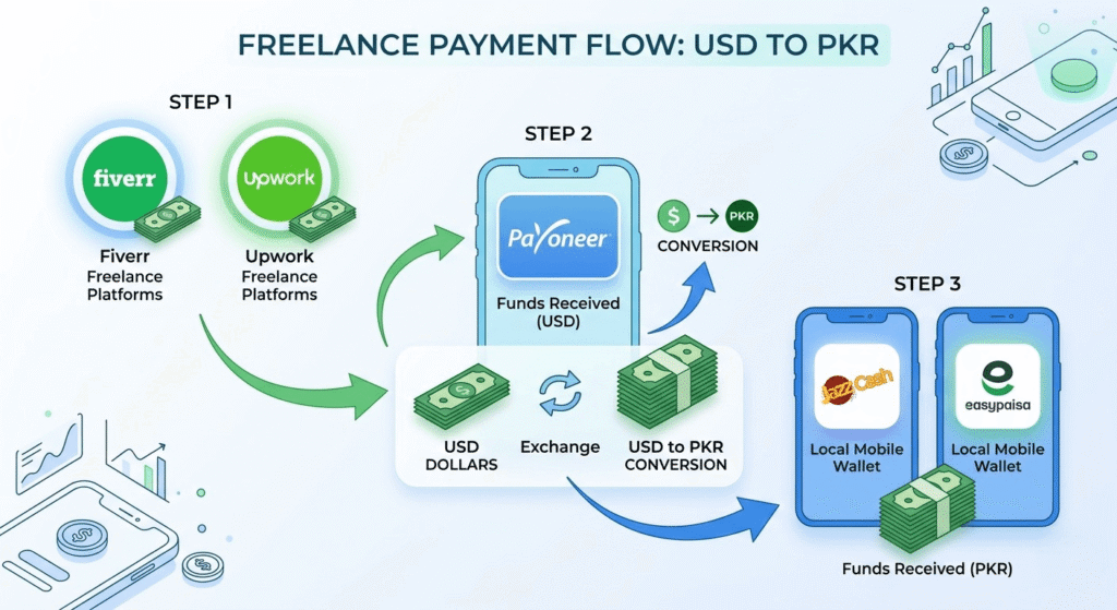 Freelance payment flow Pakistan Fiverr Payoneer JazzCash diagram 