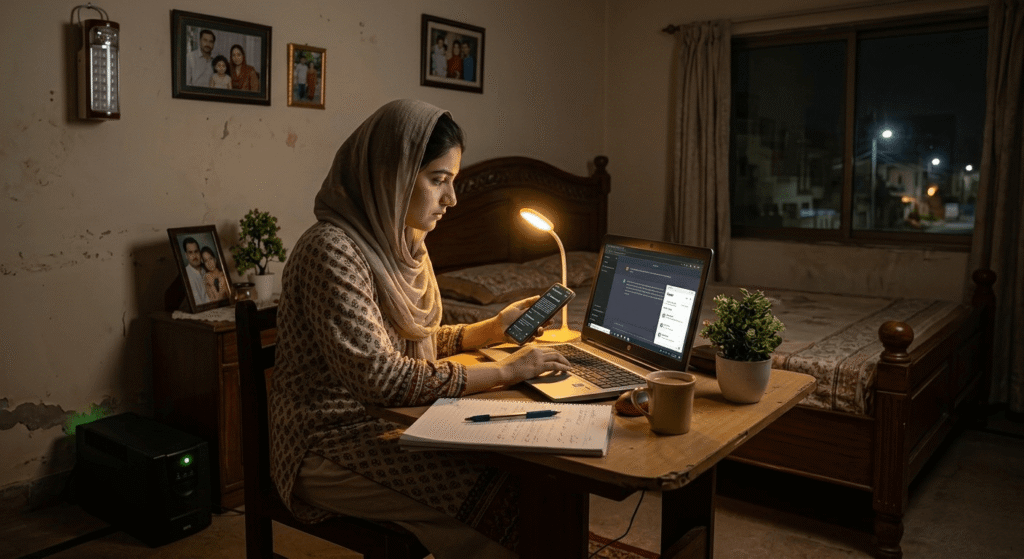 Pakistani freelancer working from home at night using AI tools for Fiverr and online earning in 2026