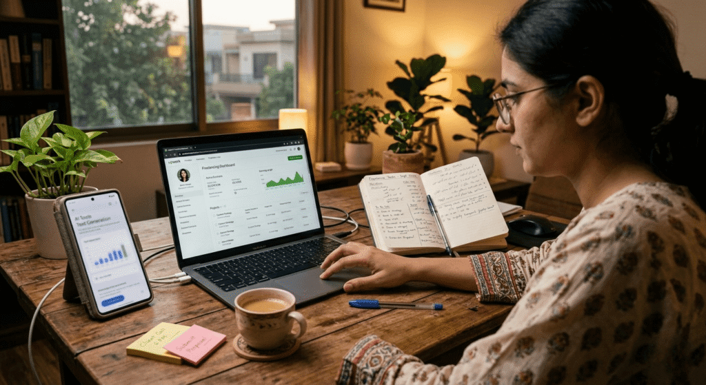 Freelancer workspace in Pakistan showing smartphone and laptop used for AI tools, Fiverr work, and online earning without investment