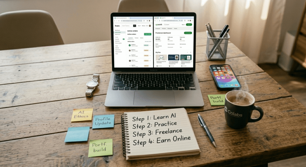 Beginner freelancing roadmap with AI tools showing steps to learn, practice, and earn online using Fiverr, ChatGPT, and Canva in Pakistan