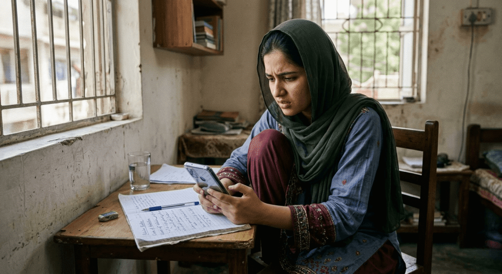 Pakistani student using AI tools on mobile phone with slow 3G internet connection in 2026