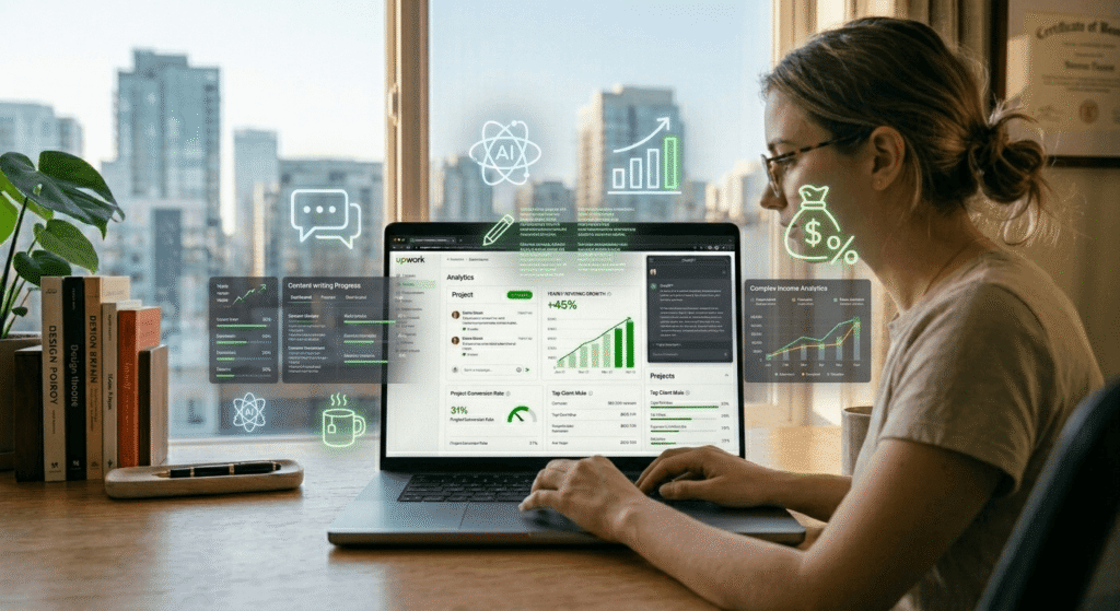 Realistic AI earning journey for beginners showing freelancer working on laptop with income growth charts and AI tools in 2026