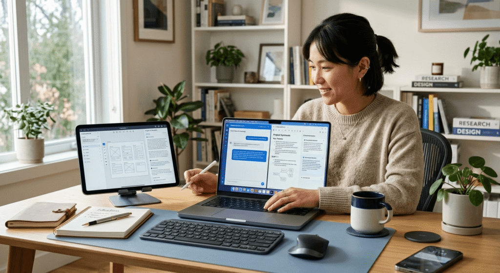 Modern AI productivity tools for beginners displayed on laptop and tablet workspace