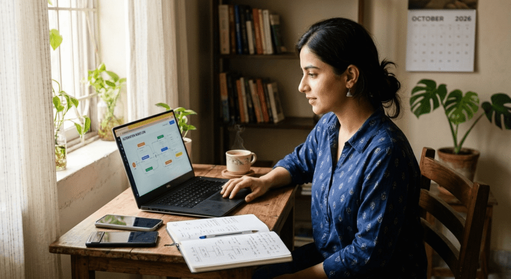 Beginner learning how to learn AI automation for beginners on a laptop at home