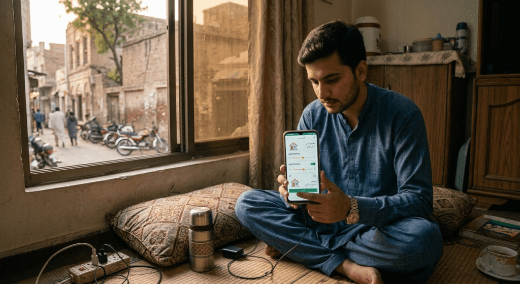 Freelancer in Pakistan practicing AI automation skills on a smartphone