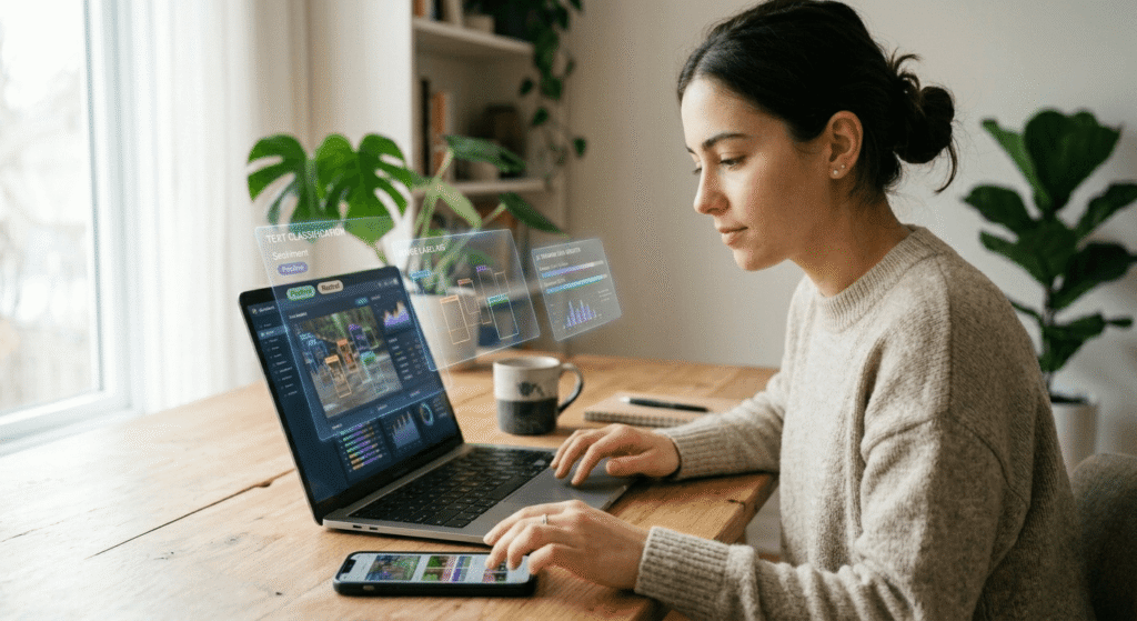 AI data labeling jobs freelancer working from home using laptop and smartphone in modern office setup