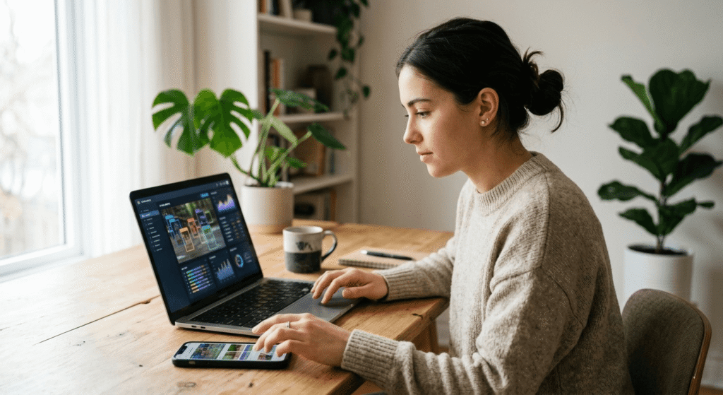 AI data labeling jobs freelancer working on laptop and smartphone in modern home office