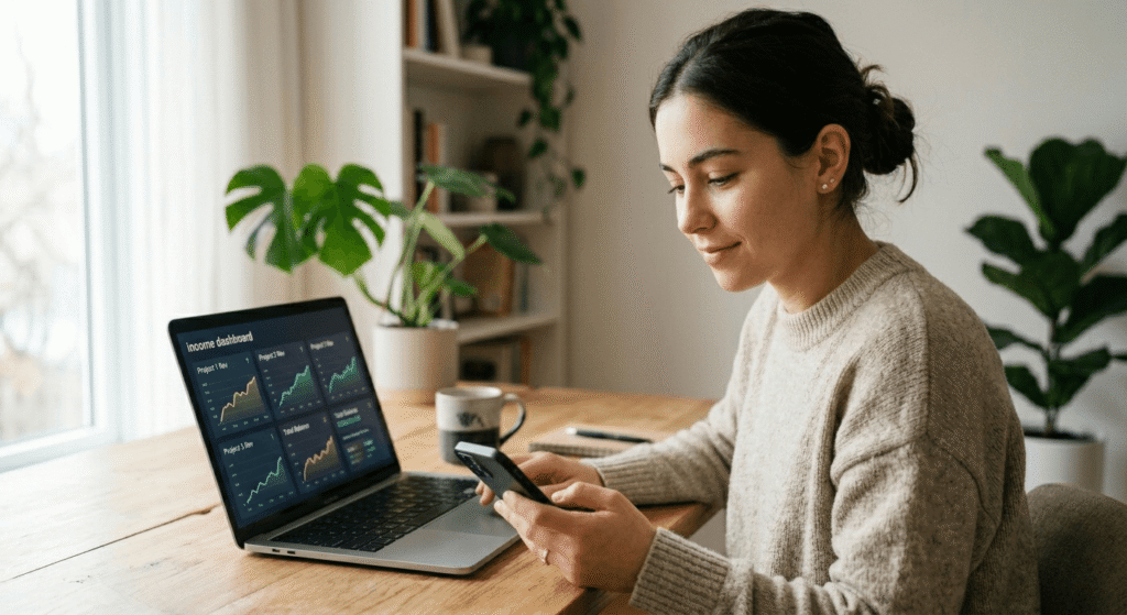 Remote freelancer earning money online through AI data labeling jobs using smartphone at home