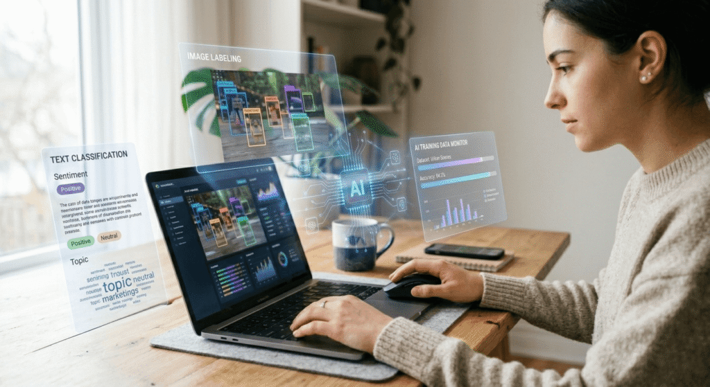 AI data labeling process showing freelancer tagging and reviewing digital data on laptop screen