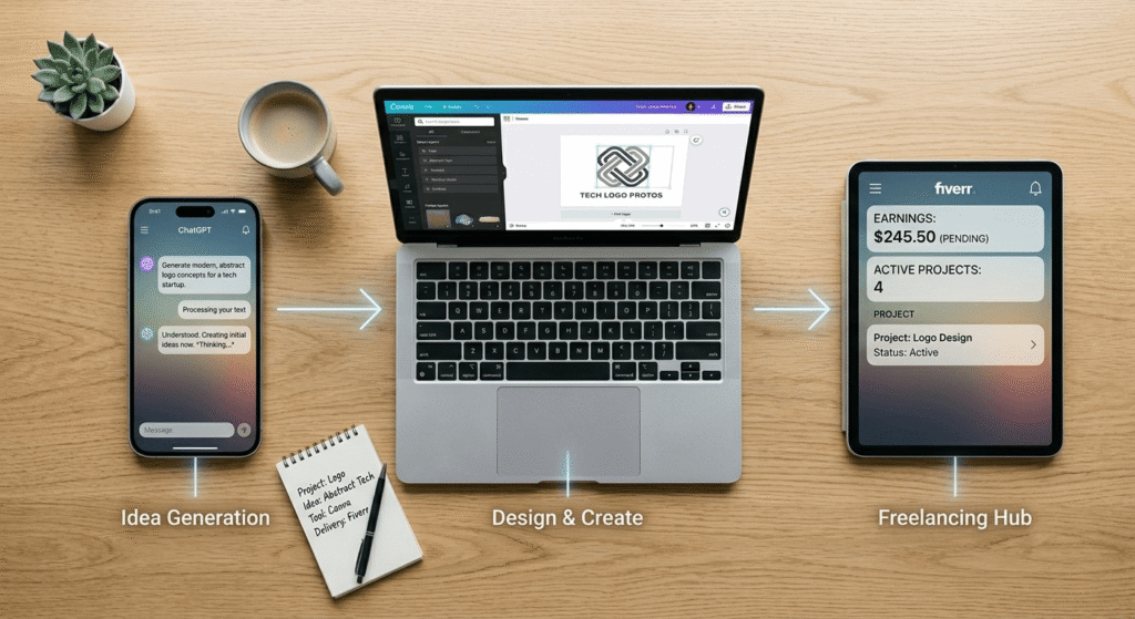 Step-by-step workflow showing how free AI tools to earn online work together using ChatGPT, Canva, and Fiverr for beginners