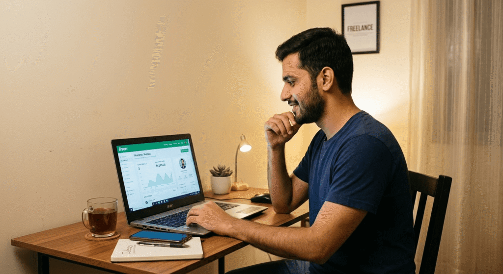 Pakistani student earning from freelancing using free AI tools on Fiverr 2026