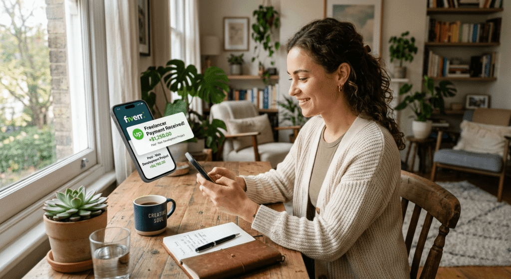 A freelancer earning online using free AI tools to earn online, showing success and digital income lifestyle in 2026