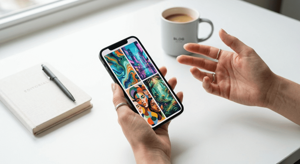 AI image generator results displayed on a smartphone screen with no account required