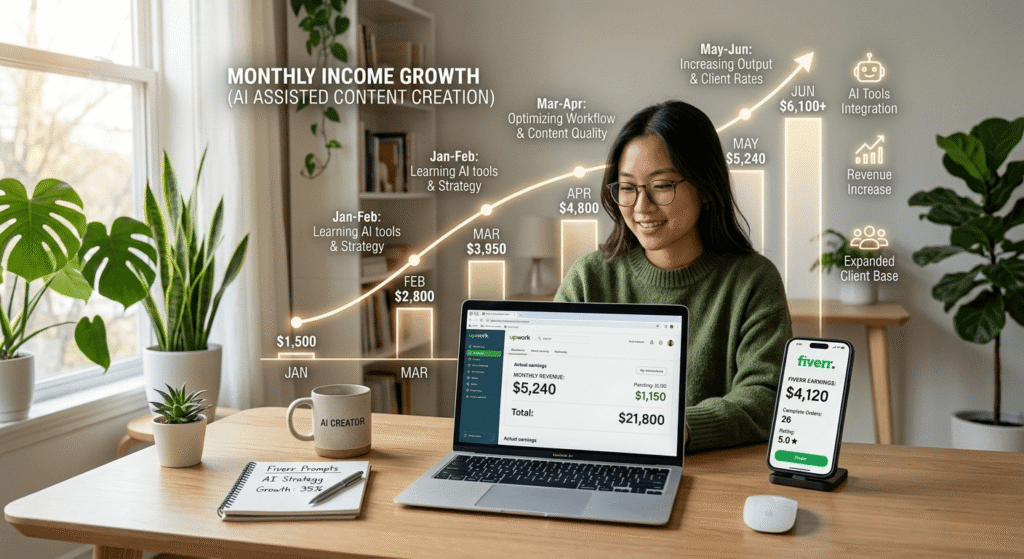 Realistic income growth chart showing how beginners earn money online using free AI tools to earn online in 2026 step by step