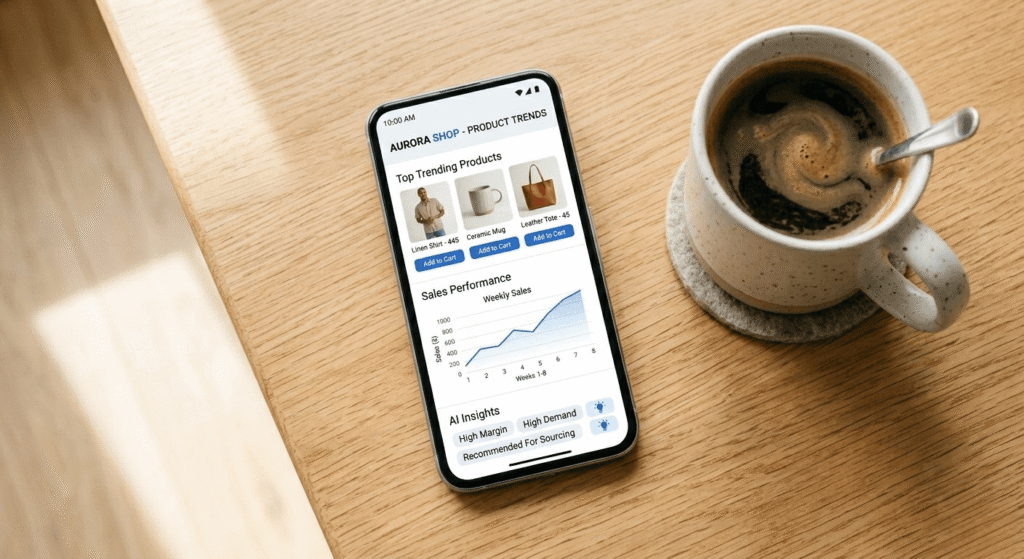 AI product research tool showing trending dropshipping products on a mobile screen