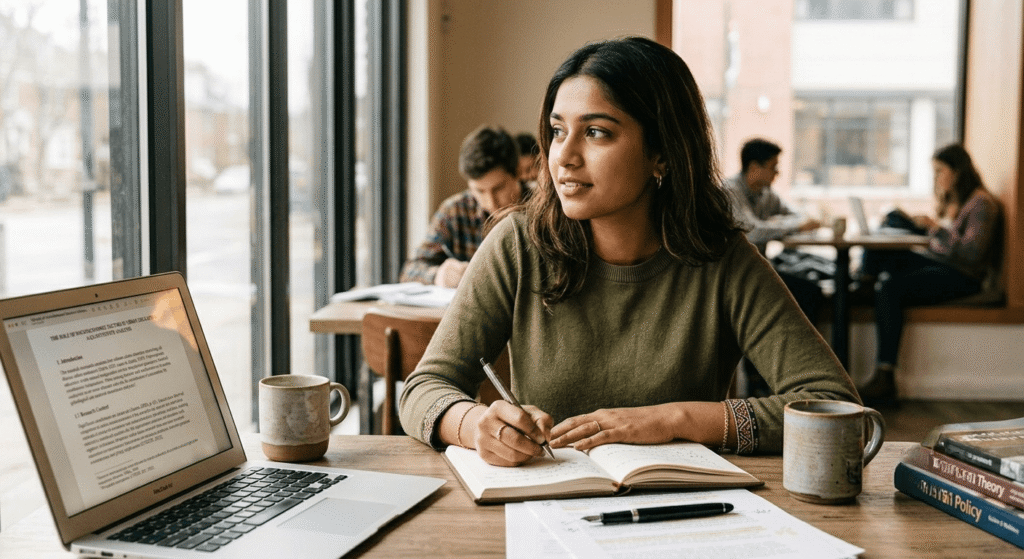 Pakistani female student following AI research paper workflow using free tools on laptop
