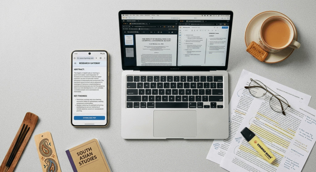 Laptop and mobile phone showing free AI research paper tools used by students in Pakistan