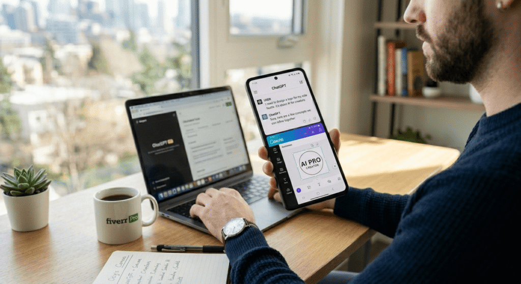 AI side hustle for beginners USA 2026 using smartphone and laptop with free AI tools for online earning