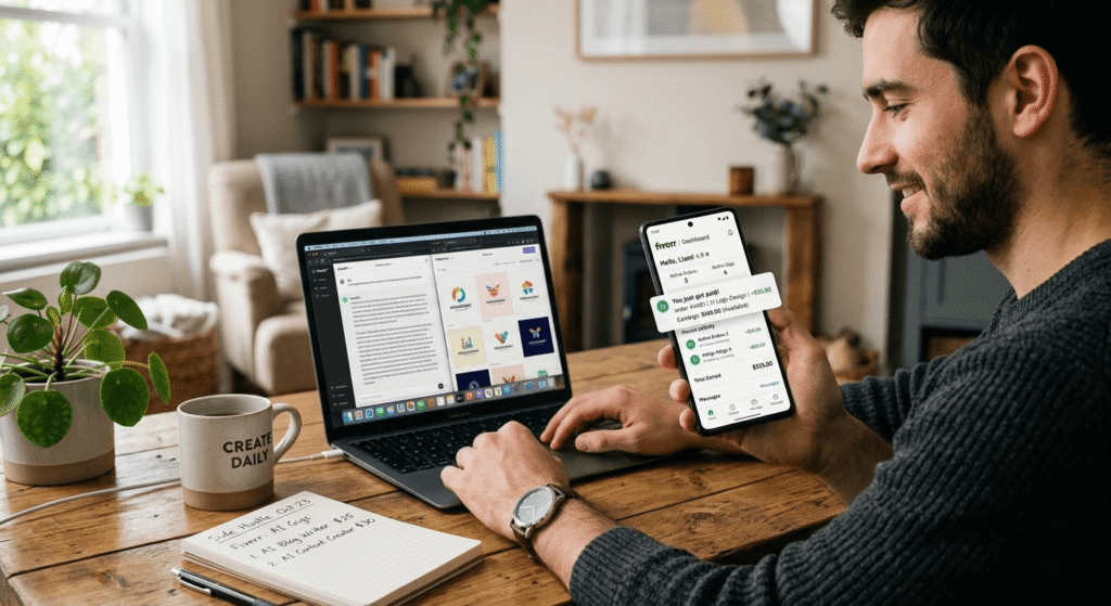 AI side hustle for beginners USA earnings growth using Fiverr and mobile AI tools for freelancing income