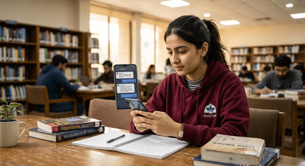 Pakistani female student using AI tools on Android phone for university assignments