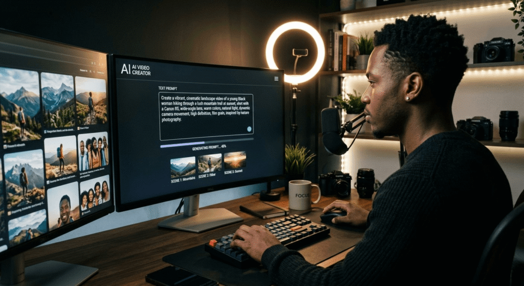 Writing AI video prompts for free watermark-free video generation — beginner creator at desktop