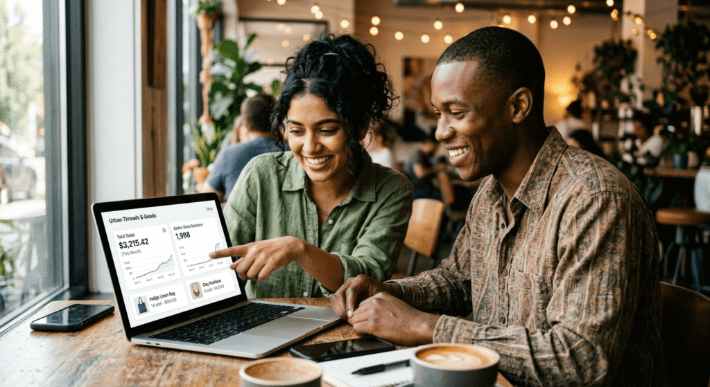 Beginner dropshippers checking first online store sales on laptop using AI tools