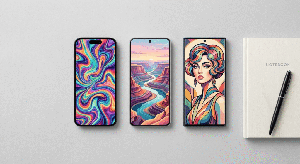 Three smartphones showing different free AI image generator outputs compared side by side