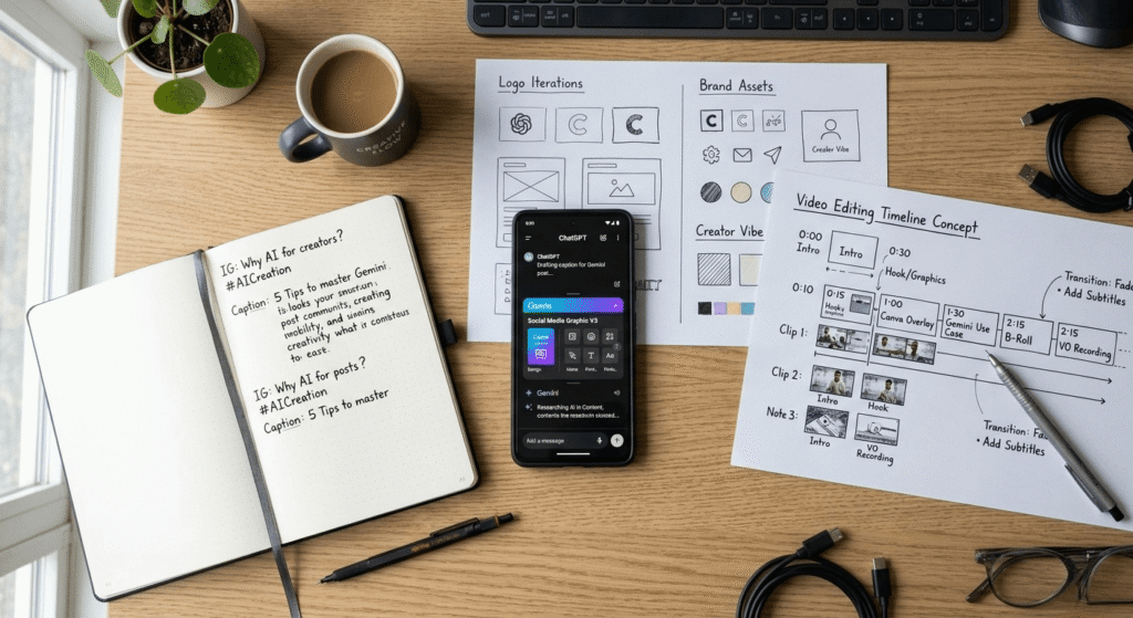 AI side hustle for beginners USA workflow showing free AI tools like ChatGPT Canva and CapCut on mobile
