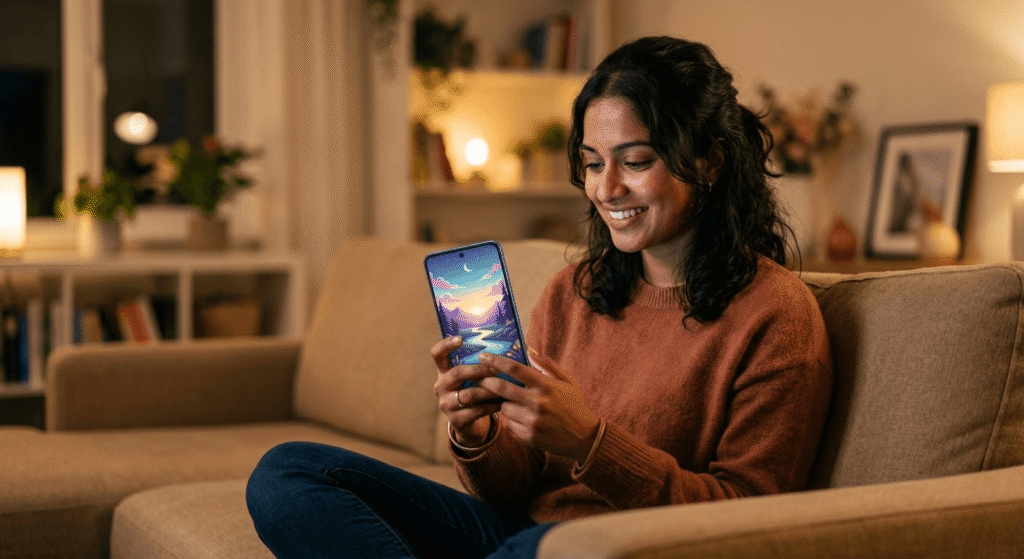 Young woman using a free AI image generator without sign up on smartphone in 2026