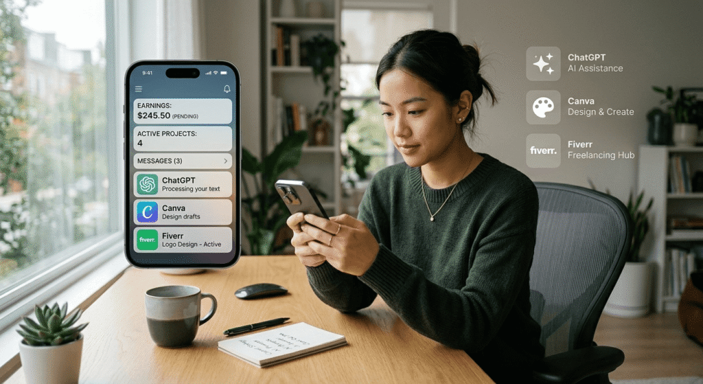 A realistic workspace showing a beginner using a smartphone to earn online with AI tools like ChatGPT, Canva, and Fiverr in 2026