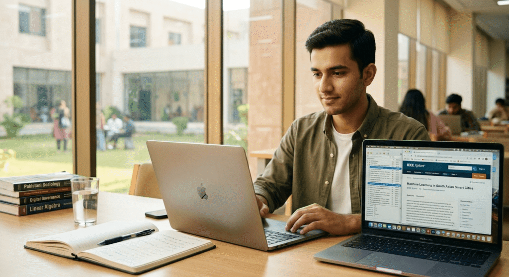 Pakistani student using free AI tools for research papers on laptop in university library Pakistan 2026