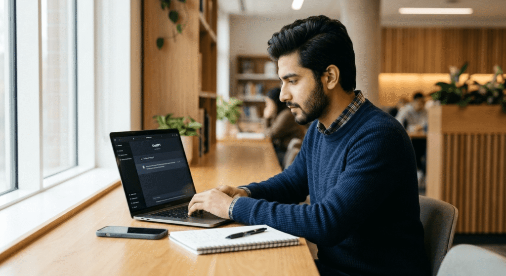 Pakistani student using free AI tools for students in Pakistan 2026 on laptop