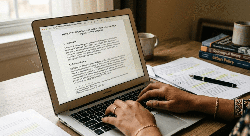 Pakistani postgraduate student completing literature review using free AI research paper tools