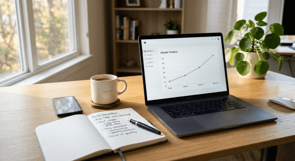 realistic AI earning timeline for beginners showing income growth from Week 1 to Month 3 in a modern workspace