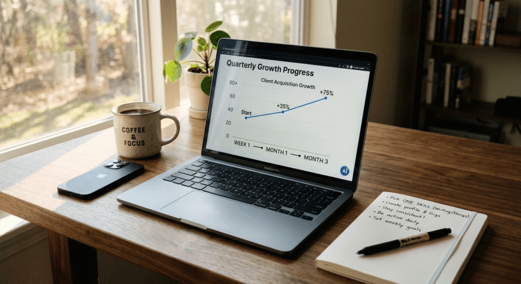 realistic AI earning timeline for beginners showing income growth from Week 1 to Month 3 in a professional workspace setup