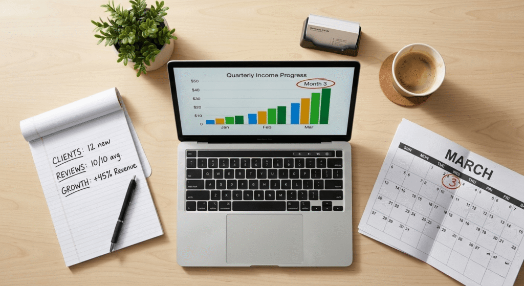 realistic AI earning timeline for beginners Month 3 showing income growth and client progress chart