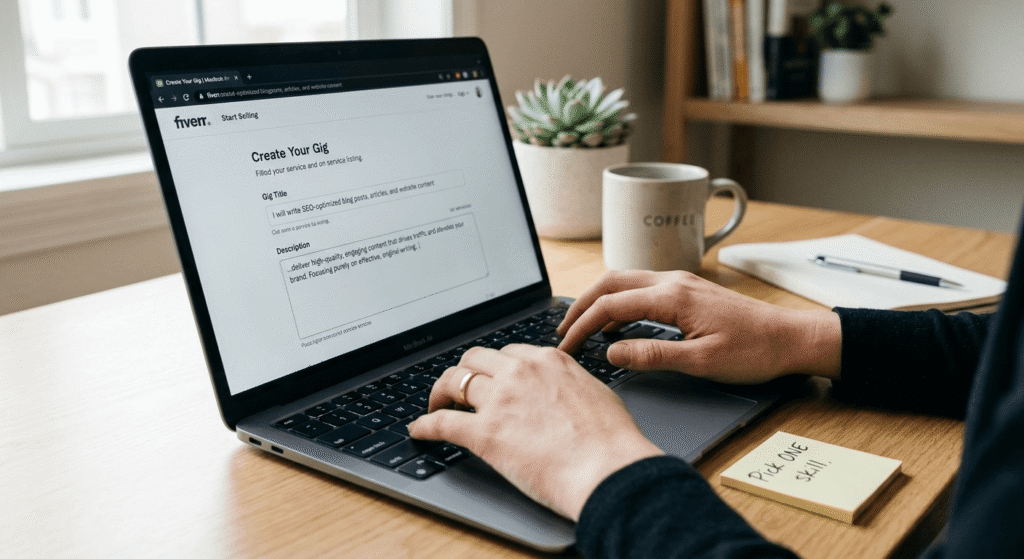 realistic AI earning timeline for beginners Week 1 setup showing freelancer creating online profile on laptop