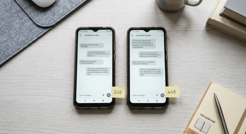 Side-by-side comparison of AI apps running on 2GB RAM and 4GB RAM Android phones