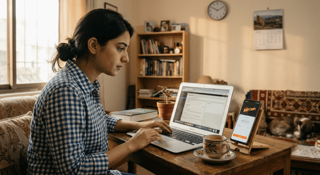 Freelancer using laptop and smartphone to earn with AI in Pakistan