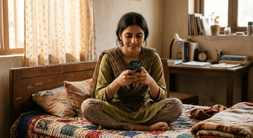Pakistani student using free AI tools restricted in Pakistan on mobile phone