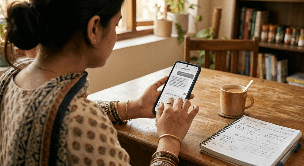 Student using AI writing app to build phone only AI income Pakistan students rely on