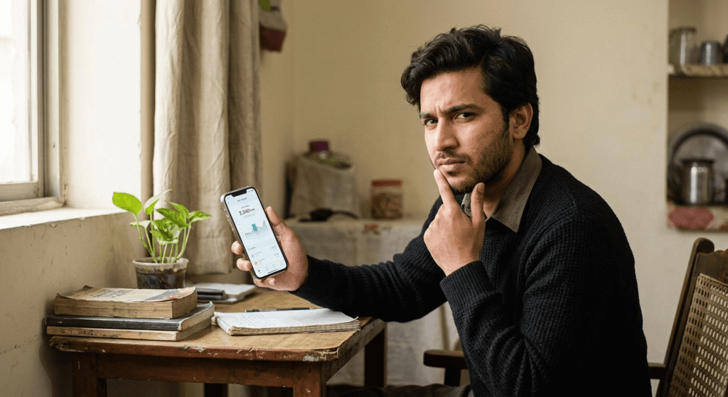 Pakistani man checking phone for signs of AI earning scams in Pakistan before trusting an app