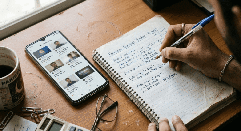 Freelancer tracking AI writing and AI voiceover gig earnings in Pakistan
