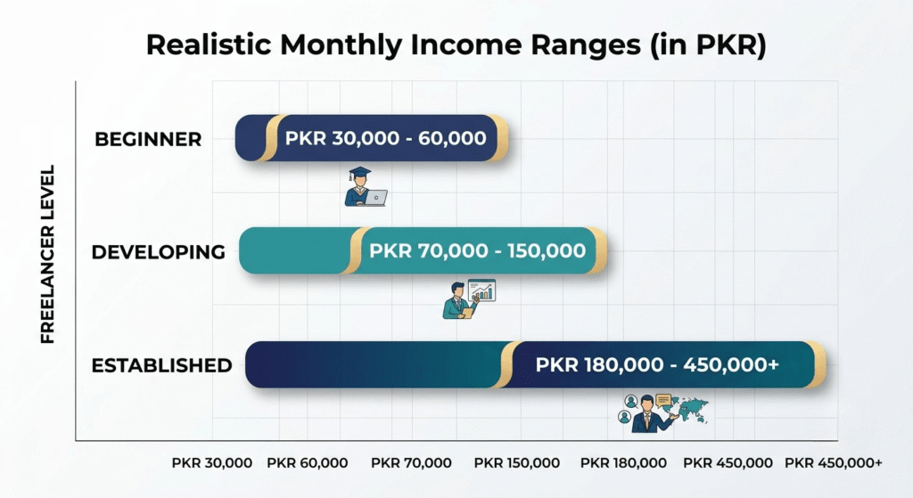 Realistic monthly income chart for people who earn with AI in Pakistan