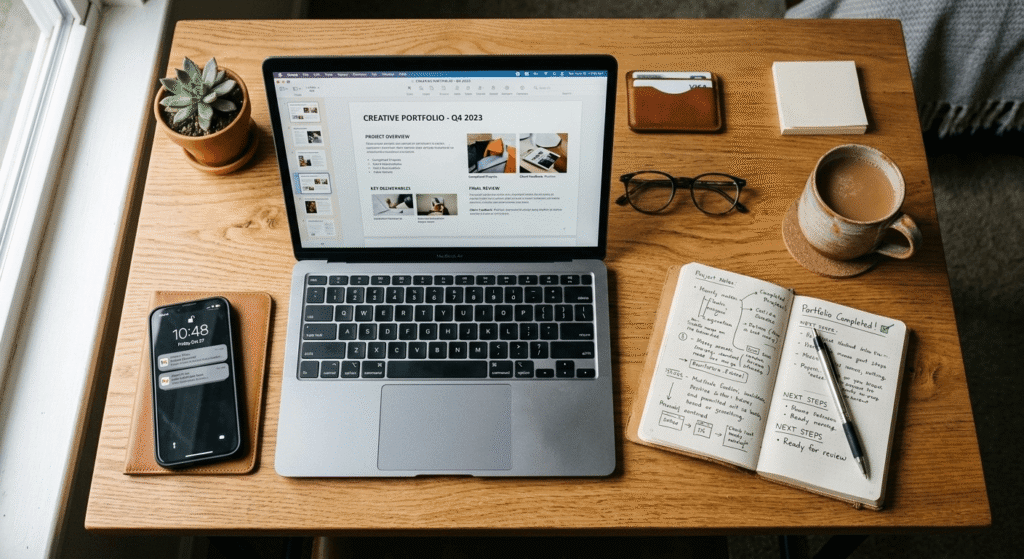 Organized portfolio workspace showing 30 days of free AI tool stack results for beginners